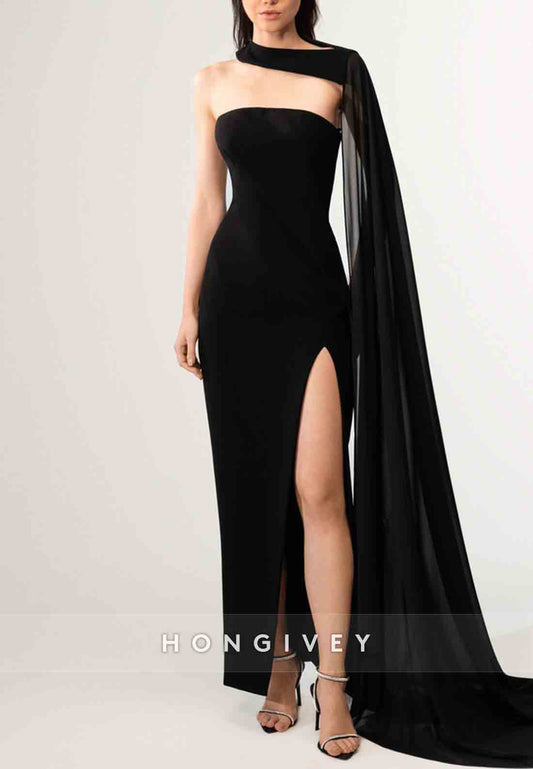 Side Draping One Shoulder High Slit Strapless Evening Gown