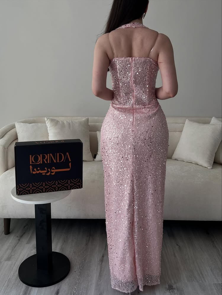 Pink Halte Sleeveless Sparkle Sequins Side Slit Sheer Prom Dress