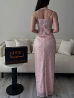 Pink Halte Sleeveless Sparkle Sequins Side Slit Sheer Prom Dress