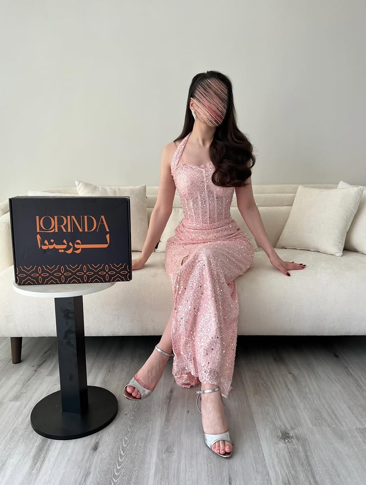 Pink Halte Sleeveless Sparkle Sequins Side Slit Sheer Prom Dress