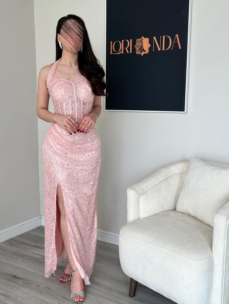 Pink Halte Sleeveless Sparkle Sequins Side Slit Sheer Prom Dress