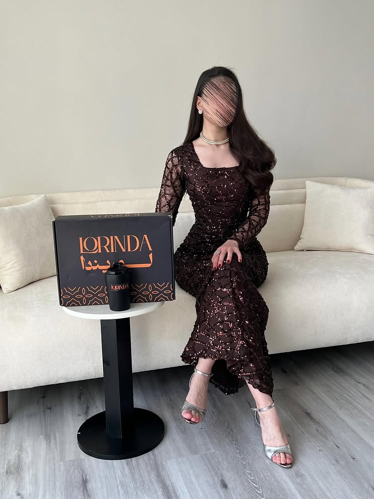 Square Lace Long Sleeve Mermaid Sequins Sparkle Ankle-Length Evening Dress