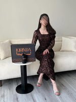 Square Lace Long Sleeve Mermaid Sequins Sparkle Ankle-Length Evening Dress