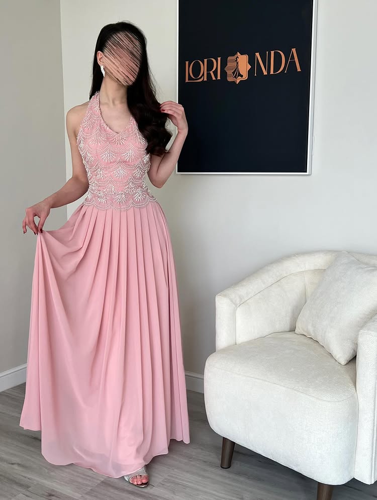 Beaded Pink Halter Sleeveless A-Line Backless Floor-Length Evening Dress