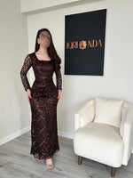 Square Lace Long Sleeve Mermaid Sequins Sparkle Ankle-Length Evening Dress