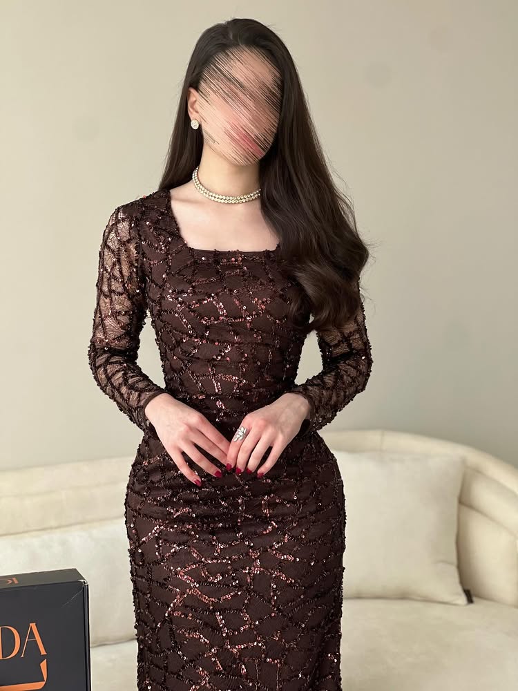 Square Lace Long Sleeve Mermaid Sequins Sparkle Ankle-Length Evening Dress