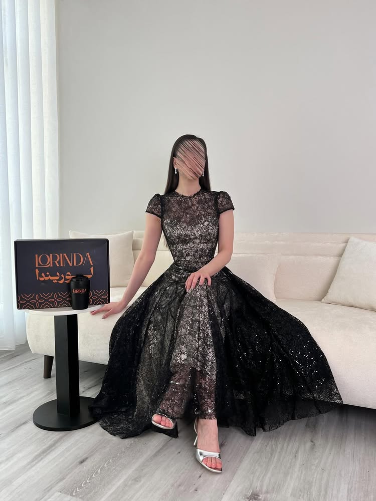 Black O-Neck Half Sleeve A-Line Backless Ankle-Length Evening Dress