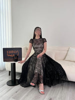 Black O-Neck Half Sleeve A-Line Backless Ankle-Length Evening Dress