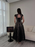 Black O-Neck Half Sleeve A-Line Backless Ankle-Length Evening Dress