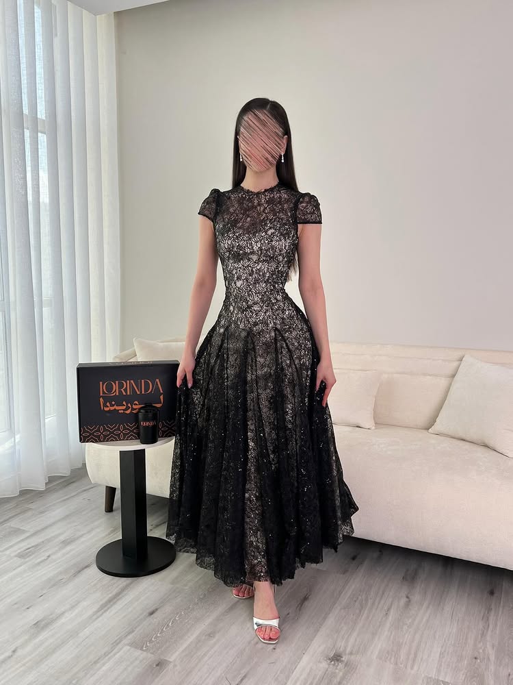 Black O-Neck Half Sleeve A-Line Backless Ankle-Length Evening Dress