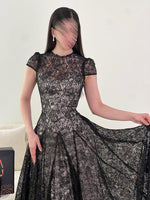 Black O-Neck Half Sleeve A-Line Backless Ankle-Length Evening Dress