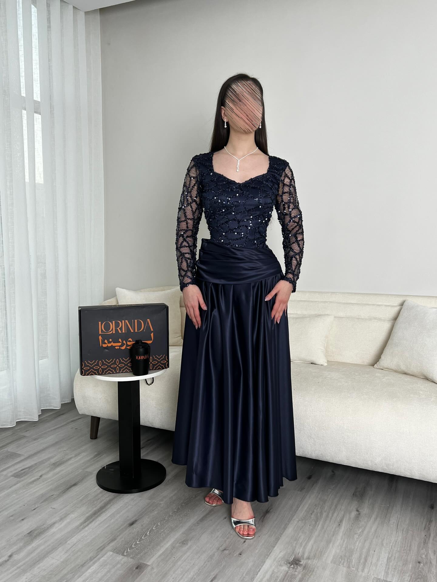 Square Neck Sequins Sparkle Lace Long Sleeve A-Line Ankle-Length Evening Dress