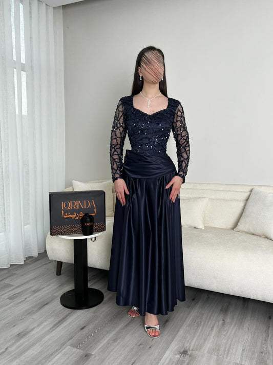 Square Neck Sequins Sparkle Lace Long Sleeve A-Line Ankle-Length Evening Dress