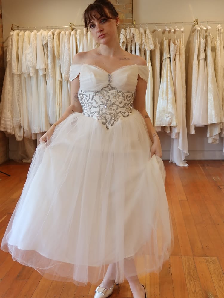 Off the Shoulder Sequins Appliques Beaded Tulle A-Line Ankle-Length Wedding Dress