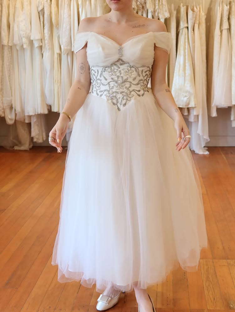 Off the Shoulder Sequins Appliques Beaded Tulle A-Line Ankle-Length Wedding Dress