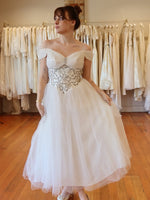 Off the Shoulder Sequins Appliques Beaded Tulle A-Line Ankle-Length Wedding Dress