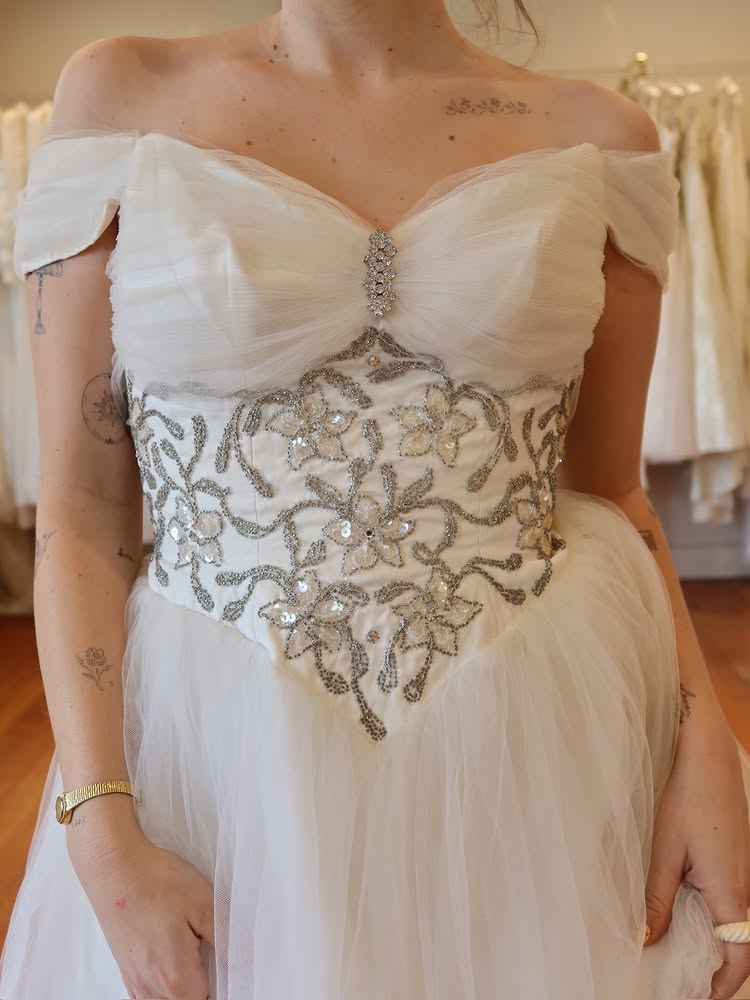 Off the Shoulder Sequins Appliques Beaded Tulle A-Line Ankle-Length Wedding Dress