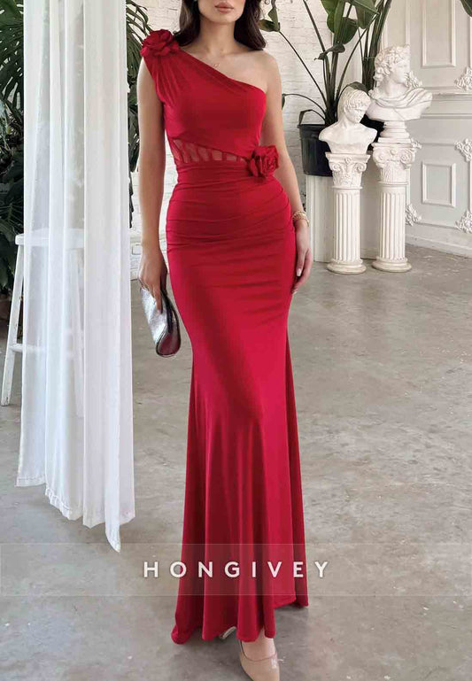 Trumpet One Shoulder Flowers Ankle-Length Sleeveless Pleated Evening Gown