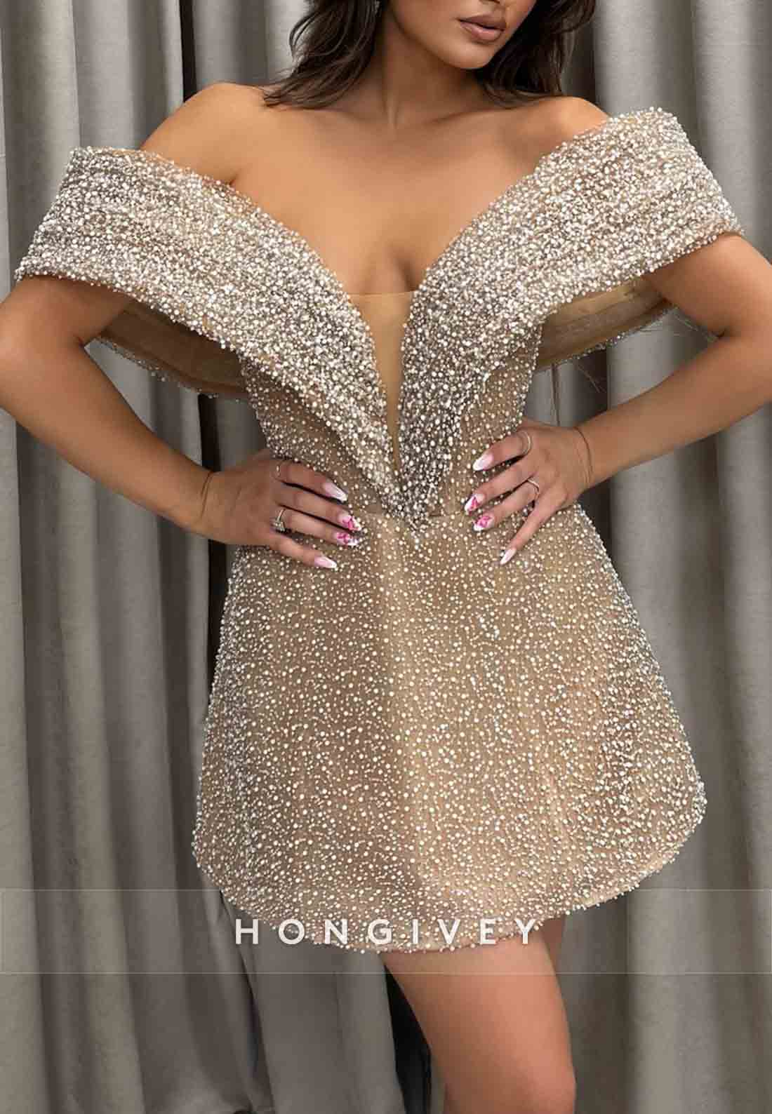 V-Neck Glitter Off the Shoulder A-Line Beading Short Homecoming Dresses