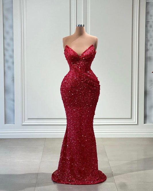 Glitter Trumpet V-Neck Strapless Fully Sequined Long Prom Dress