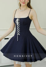 Navy Blue Spaghetti Straps A-Line Cross-Neck Short Homecoming Dress