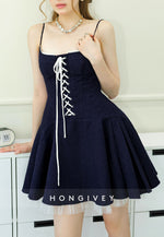 Navy Blue Spaghetti Straps A-Line Cross-Neck Short Homecoming Dress