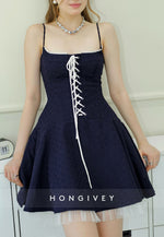 Navy Blue Spaghetti Straps A-Line Cross-Neck Short Homecoming Dress