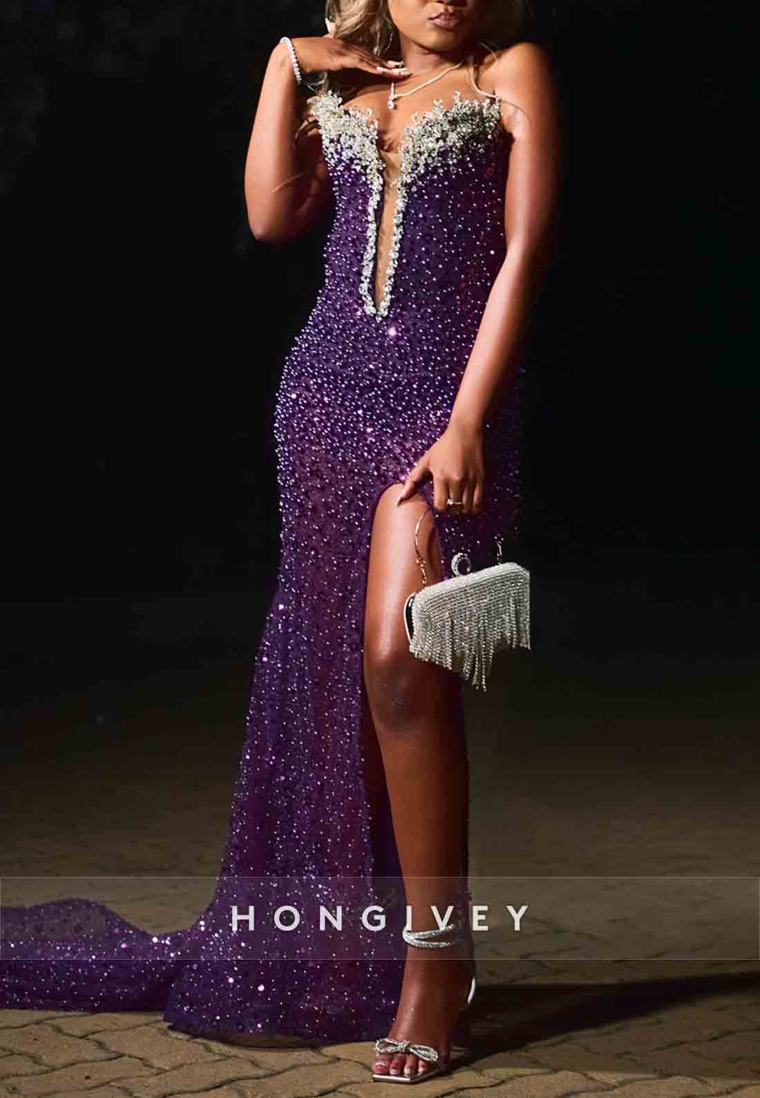 Luxurious Purple Strapless Trumpet Prom Dresses with Beading and Rhinestone