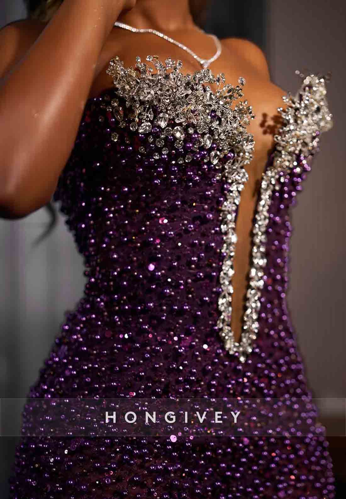Luxurious Purple Strapless Trumpet Prom Dresses with Beading and Rhinestone