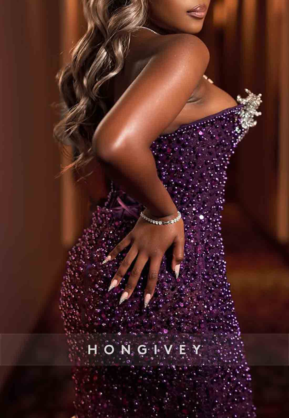 Luxurious Purple Strapless Trumpet Prom Dresses with Beading and Rhinestone