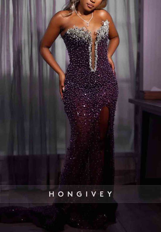 Luxurious Purple Strapless Trumpet Prom Dresses with Beading and Rhinestone