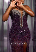 Luxurious Purple Strapless Trumpet Prom Dresses with Beading and Rhinestone