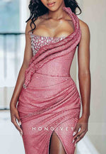 Sparkly High Slit One Shoulder Sheath Floor-Length Glitter Prom Dresses