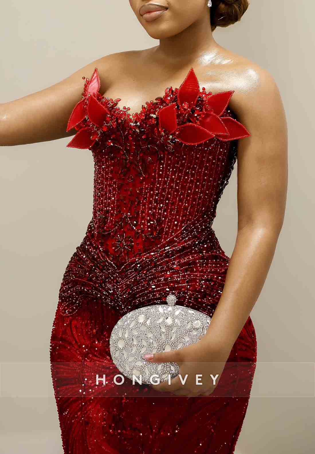 Luxurious Strapless Red Floor-Length Crisscross Back Trumpet Prom Dresses