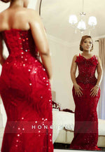 Luxurious Strapless Red Floor-Length Crisscross Back Trumpet Prom Dresses