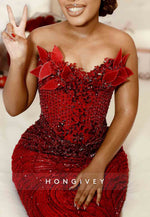 Luxurious Strapless Red Floor-Length Crisscross Back Trumpet Prom Dresses