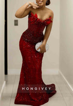 Luxurious Strapless Red Floor-Length Crisscross Back Trumpet Prom Dresses