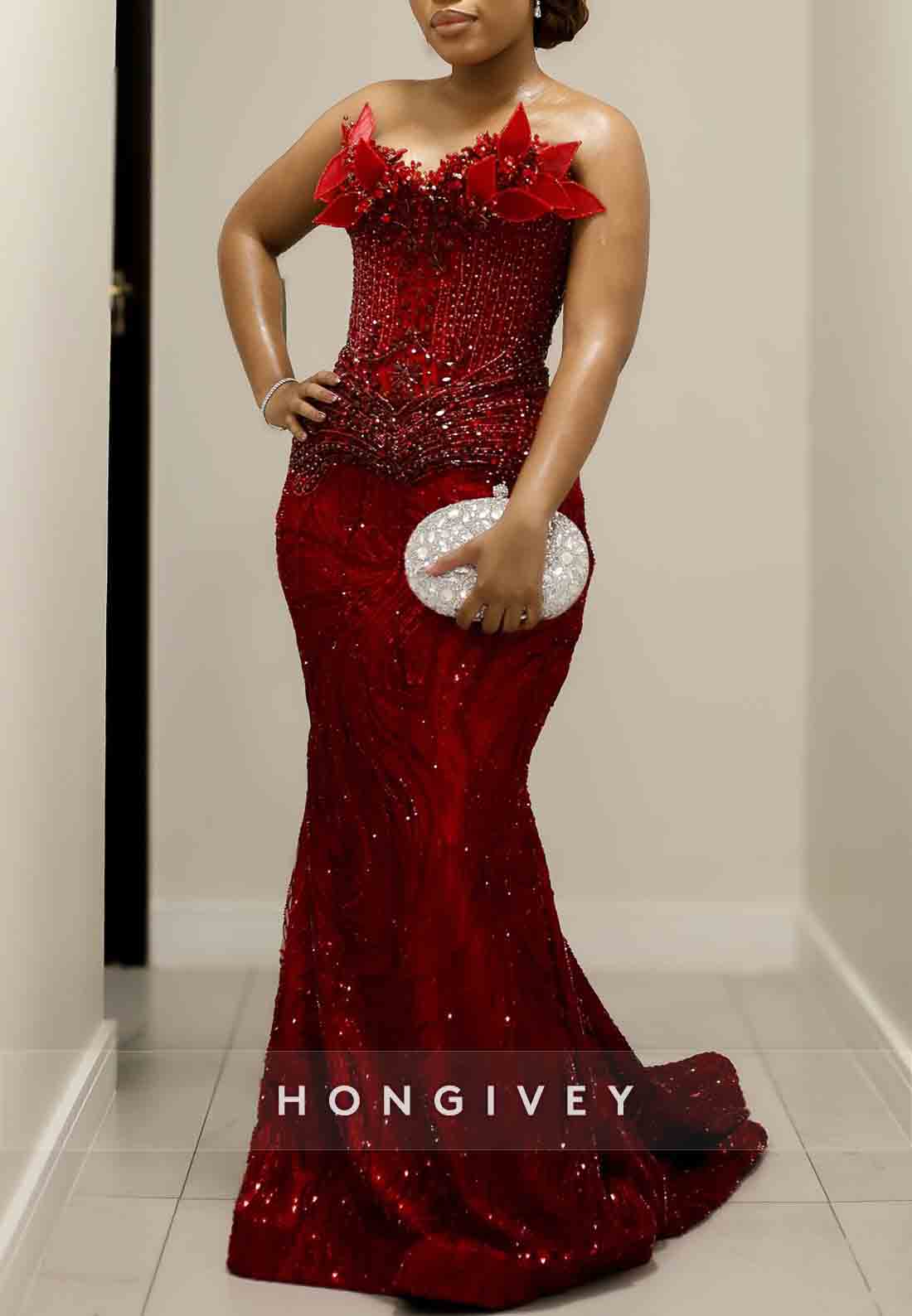 Luxurious Strapless Red Floor-Length Crisscross Back Trumpet Prom Dresses