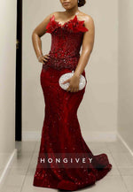 Luxurious Strapless Red Floor-Length Crisscross Back Trumpet Prom Dresses