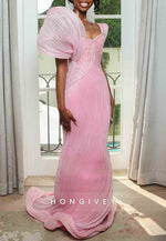 Chic Pink Sweetheart Sweep Train Column Prom Dresses with Ruffles