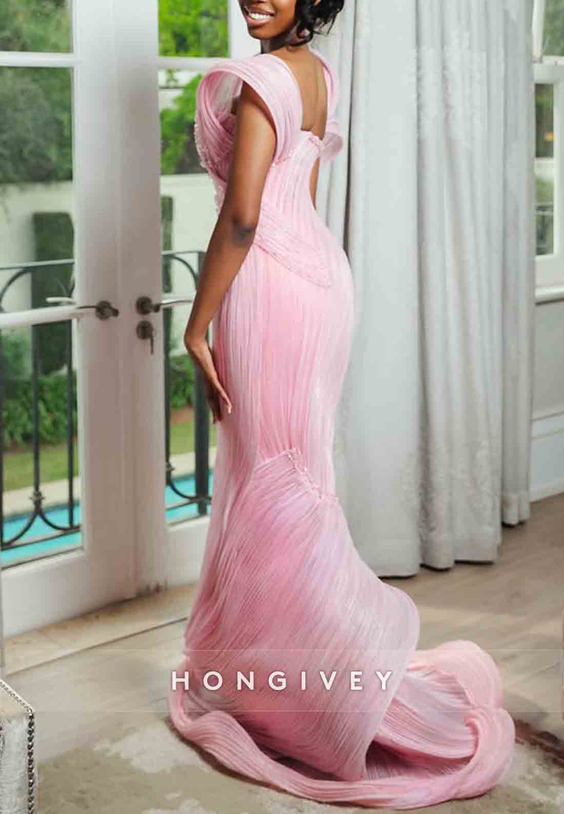 Chic Pink Sweetheart Sweep Train Column Prom Dresses with Ruffles