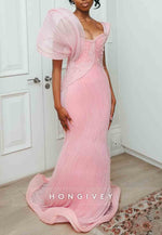 Chic Pink Sweetheart Sweep Train Column Prom Dresses with Ruffles