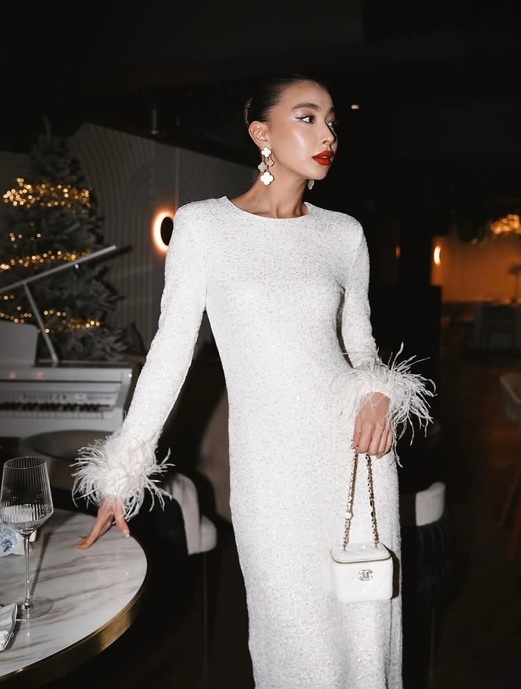 Sequins Sparkle O-Neck Long Sleeve Mermaid Feathe Ankle-Length Evening Dress