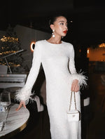 Sequins Sparkle O-Neck Long Sleeve Mermaid Feathe Ankle-Length Evening Dress