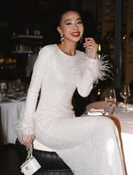 Sequins Sparkle O-Neck Long Sleeve Mermaid Feathe Ankle-Length Evening Dress