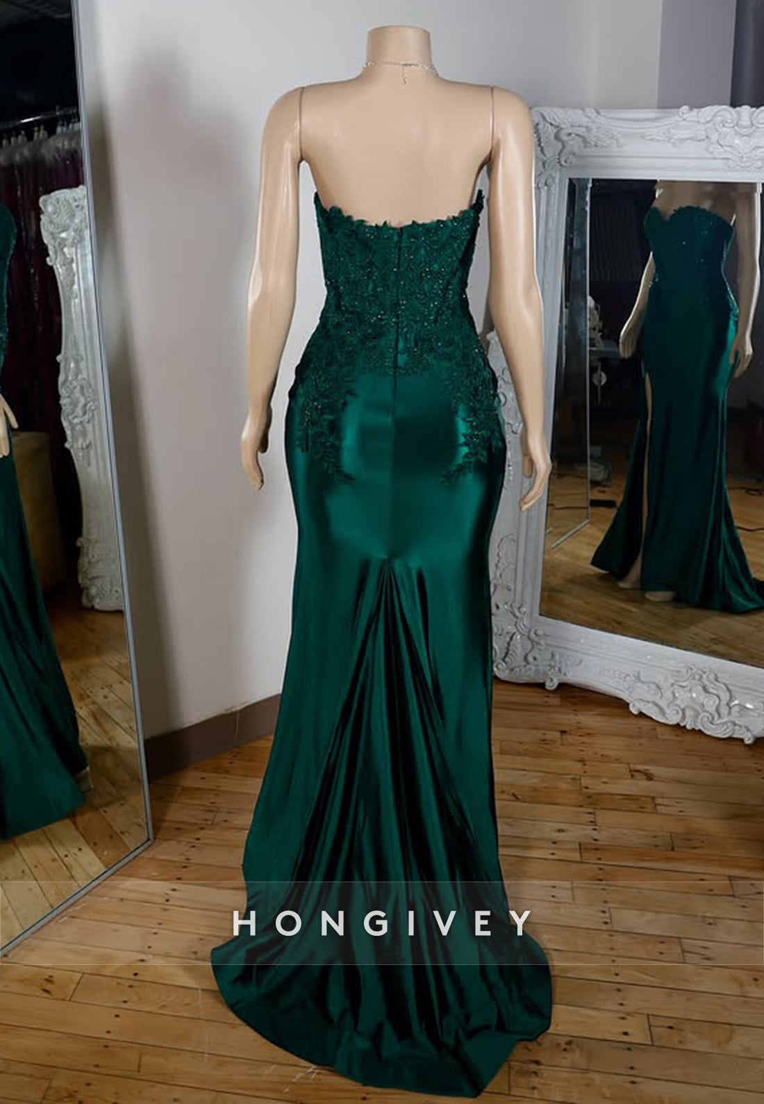 Applique Dark Green Satin Mermaid with Slit Evening Dress Formal Prom Gown