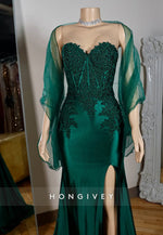 Applique Dark Green Satin Mermaid with Slit Evening Dress Formal Prom Gown