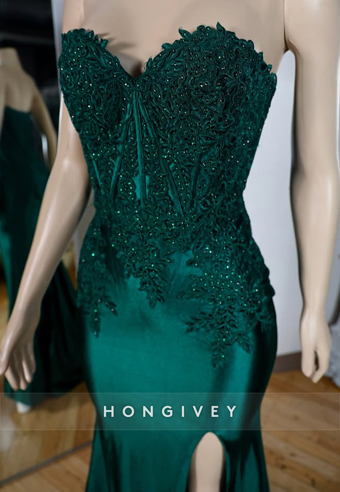 Applique Dark Green Satin Mermaid with Slit Evening Dress Formal Prom Gown