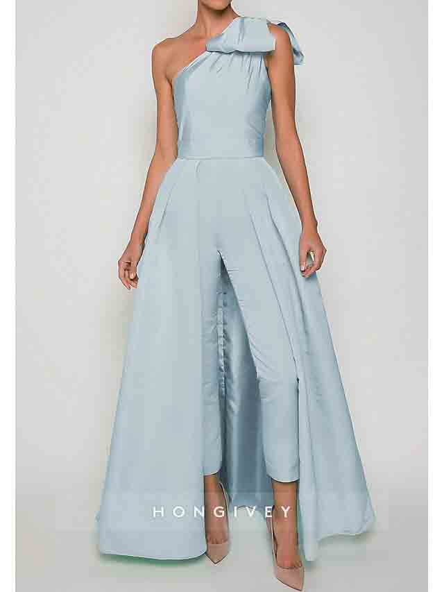 One Shoulder Bow Jumpsuit Detachable Evening Dress