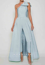 Sleeveless Jumpsuits Evening Gown Formal Wedding Guest One Shoulder Convertible Stretch Fabric with Bow(s) Pleats Overs